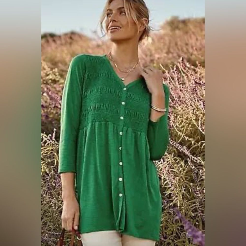 J.Jill green smocked bodice tunic top size medium